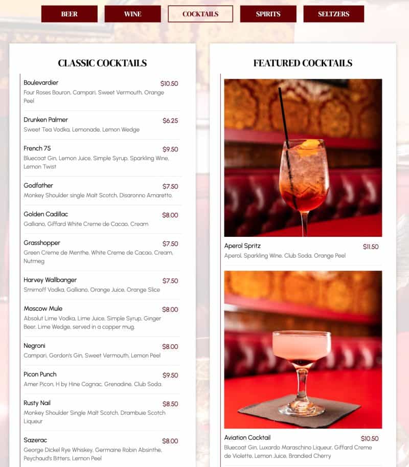 Champagne's Cafe drink menu