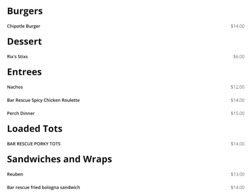 Rix Ranch menu on website