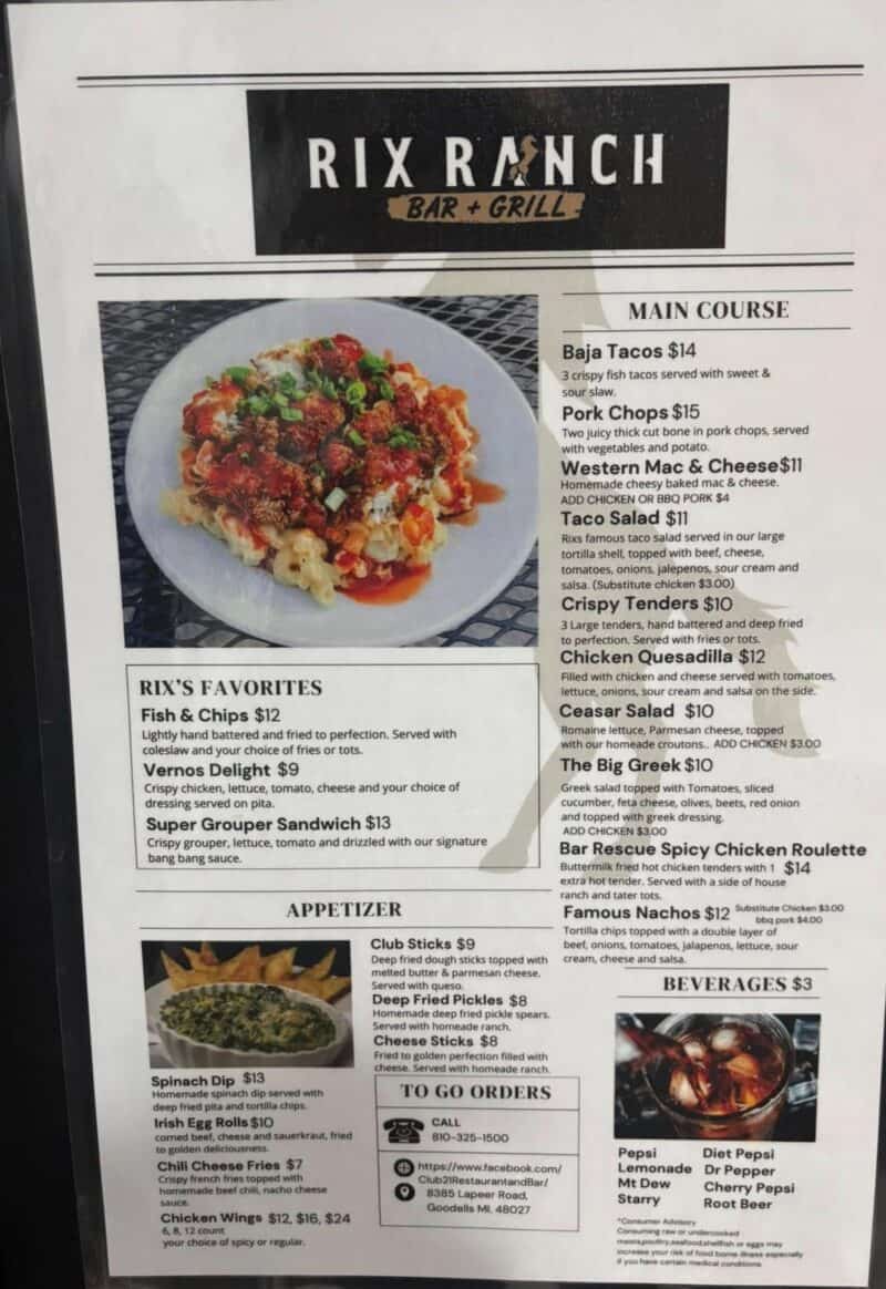 Rix Ranch menu on Facebook