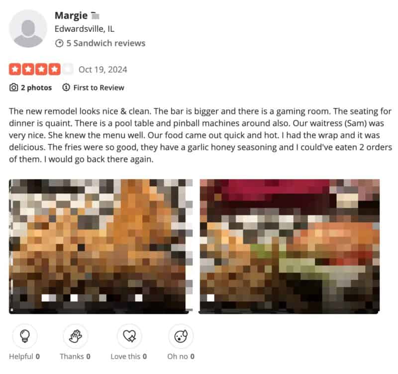 Vitale's 4 star Yelp review