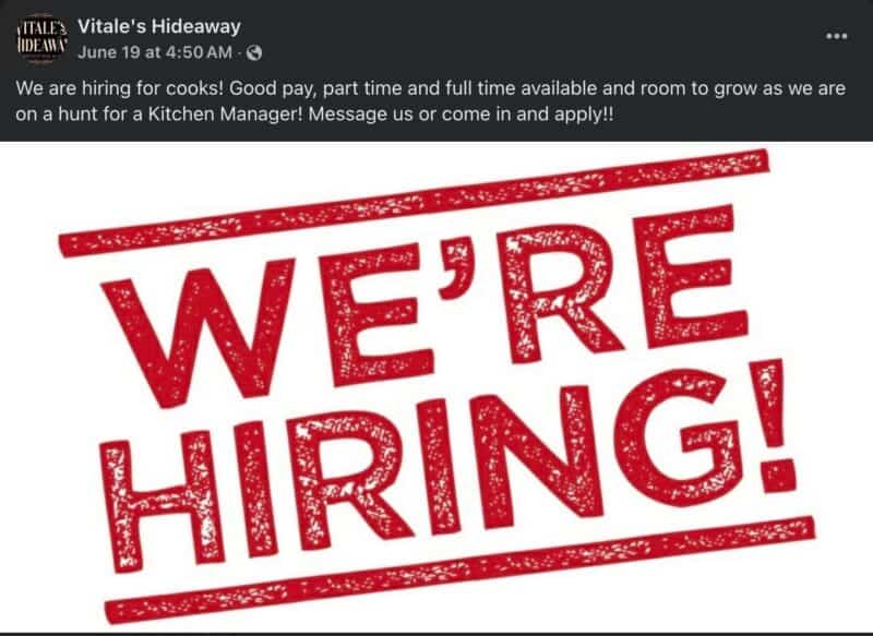 Vitale's Hideaway hiring staff