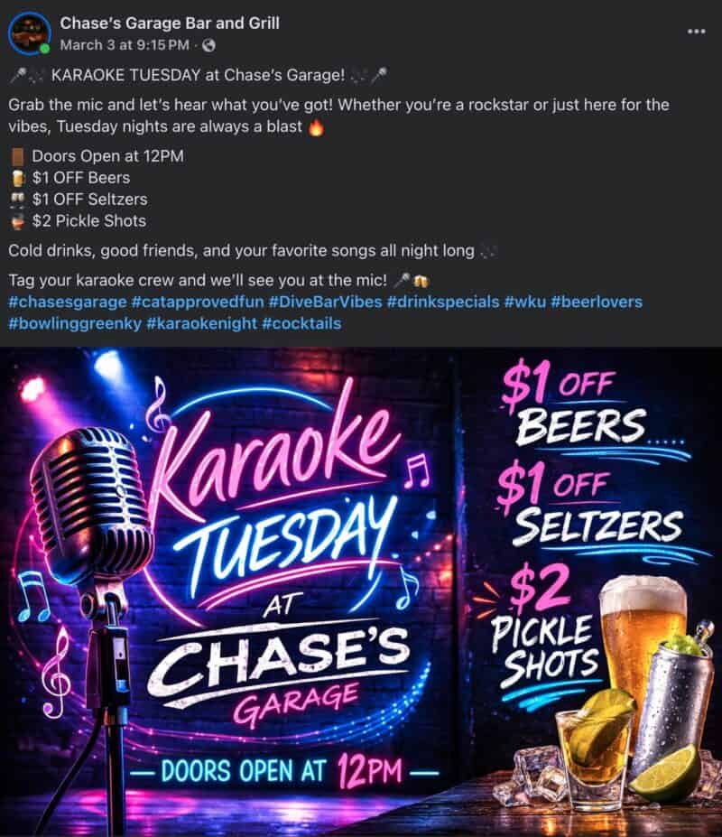 Chase's Garage karaoke event