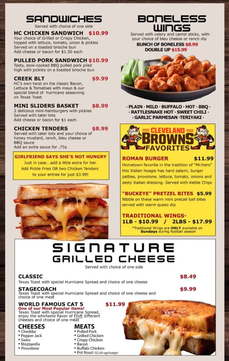 Hurricane Creek Saloon menu