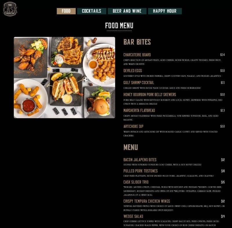 The Cask Orlando FL menu