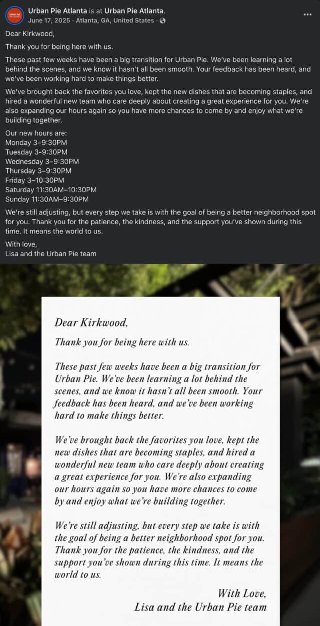 Urban Pie menu change