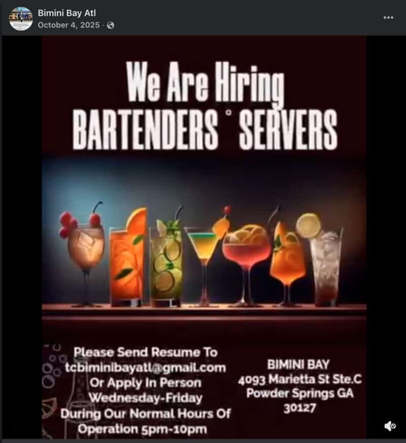 Bimini Bay hiring bartenders