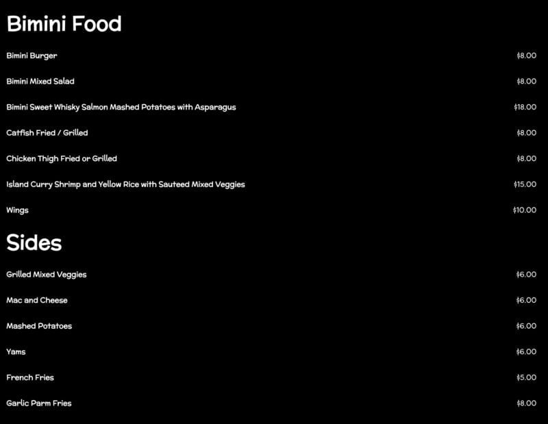 Bimini Bay food menu